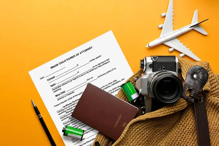 a legal document with a bag of travel items such as a camera and passport