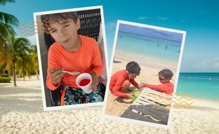 Two pictures of little boys at beach in Grand Cayman.