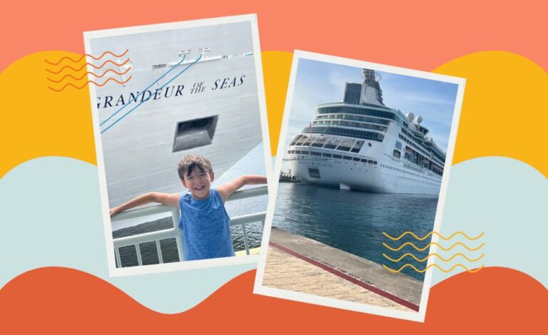 A two image collage. One of a happy boy standing in front of cruise ship and one of the large vacation cruise ship on water.