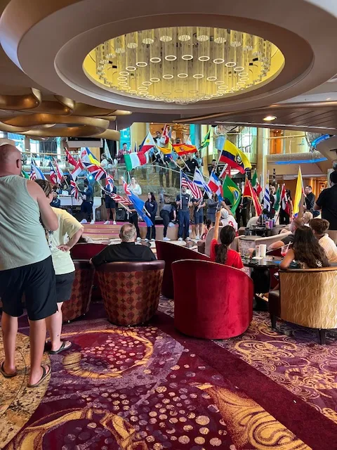 Cruise entertainment with flags from around the world.