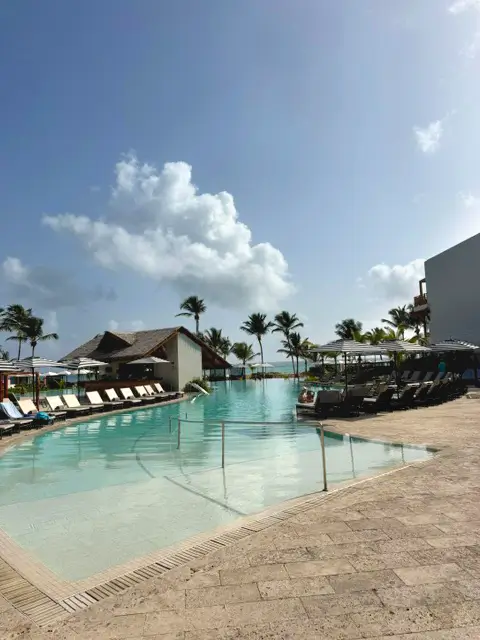 Sun loungers lining a zero-entry resort pool with a thatched-roof bar and palm trees.