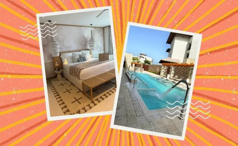 A photo collage showing a luxury guest room suite and an outdoor spa hydrotherapy pool at Secrets Playa Esmeralda.
